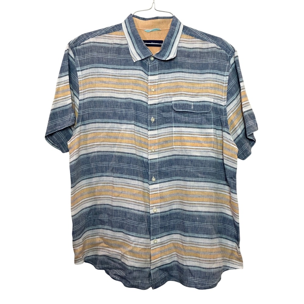 Tommy Bahama Button Front Shirt Mens XL Blue Striped 100% Linen Coastal Preppy